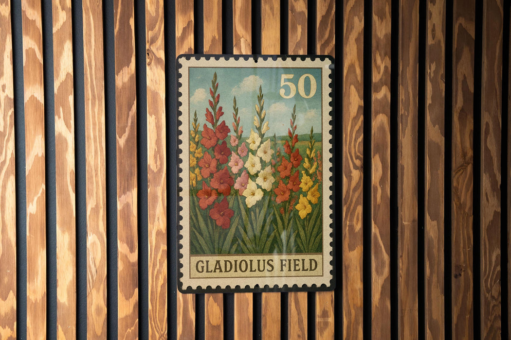 A postage stamp featuring a field of colorful flowers, with the number 50 visible.