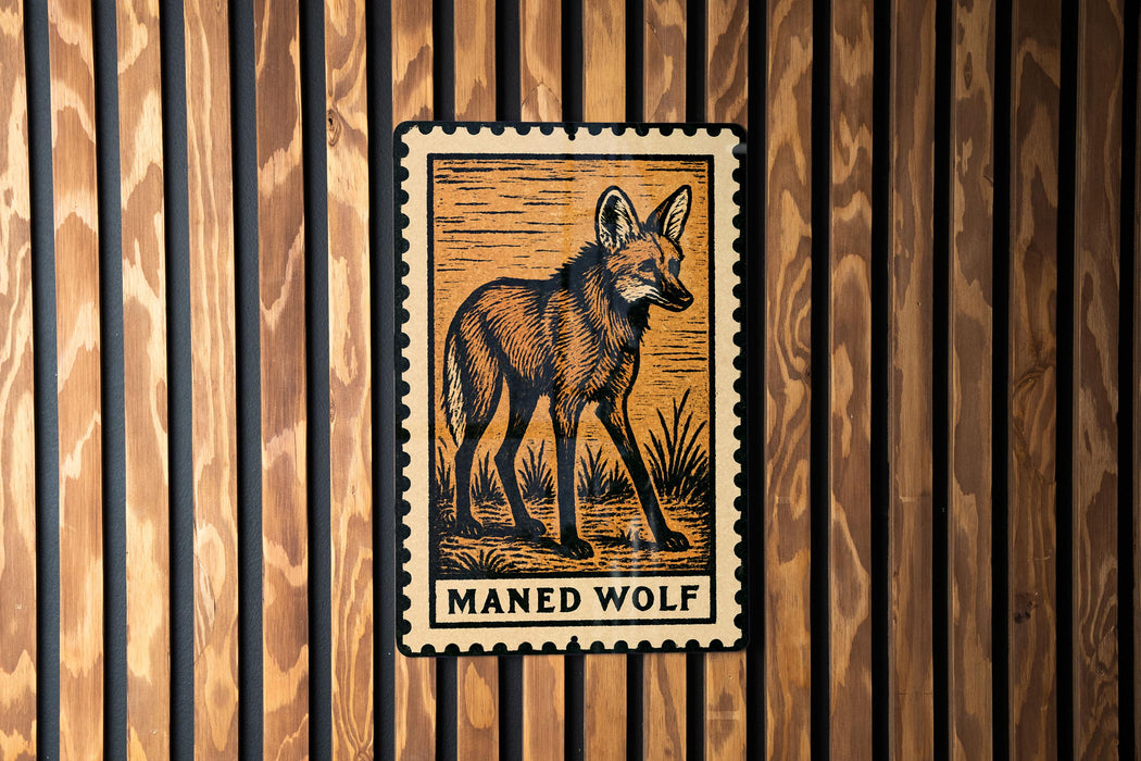 A framed image of a maned wolf is displayed on a wooden wall.