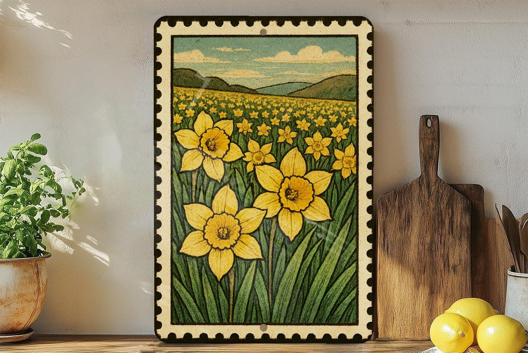 a framed painting of a field of yellow daffodils, with a wooden cutting board and a potted plant visible in the foreground.