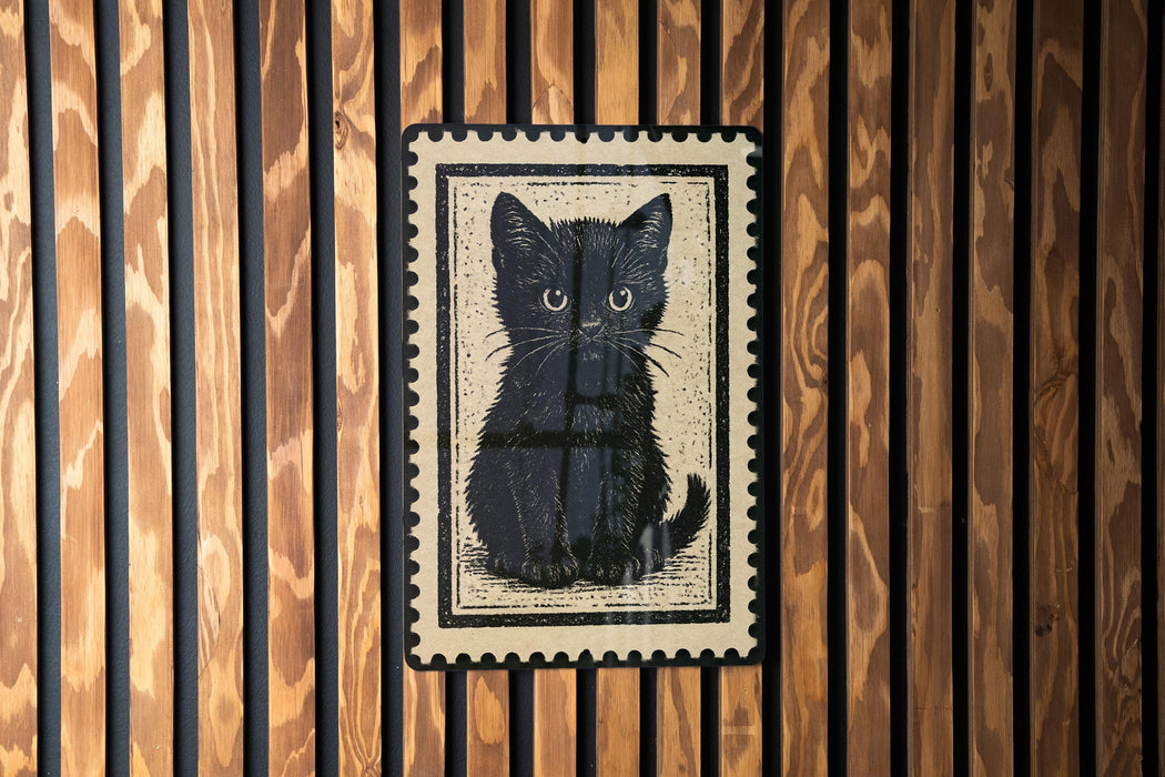 A black cat illustration is displayed on a wooden wall, framed within a decorative border.