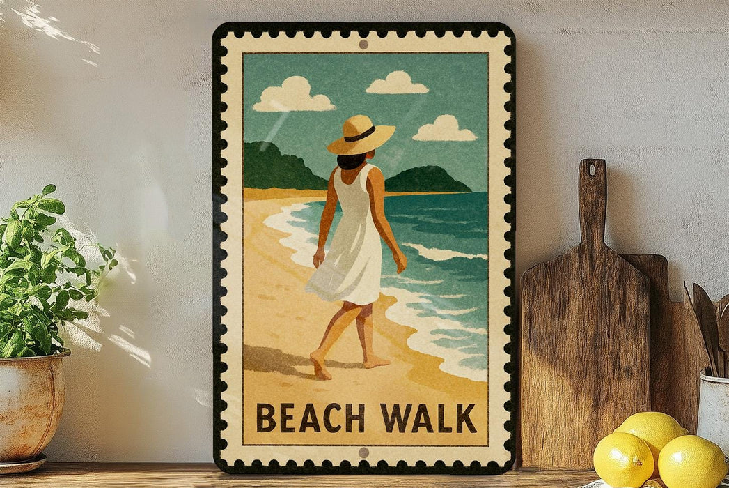 A framed illustration of a woman walking on a beach, with the text "BEACH WALK" below the image.