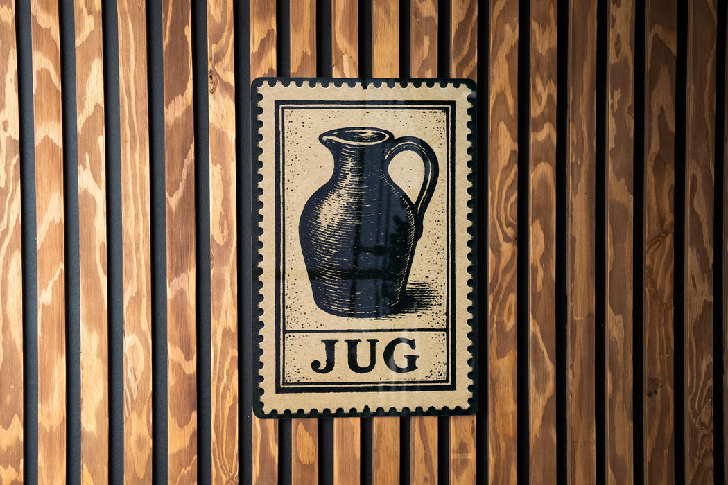 A metal sign with a vintage-style illustration of a jug is mounted on a wooden wall.