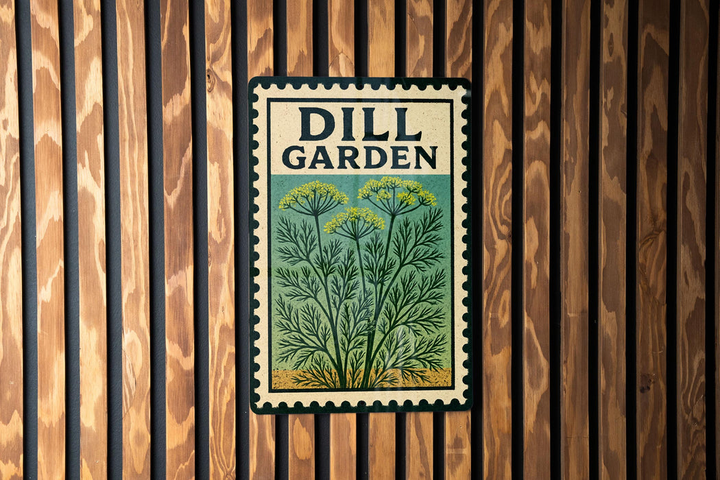 A vintage-style metal sign with the text "DILL GARDEN" displayed prominently in the center, surrounded by a green and yellow illustration of a dill plant.