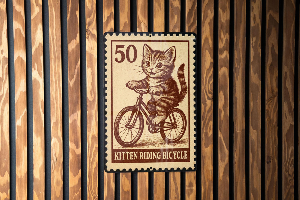 A postage stamp featuring a cat riding a bicycle, with the number 50 on it.