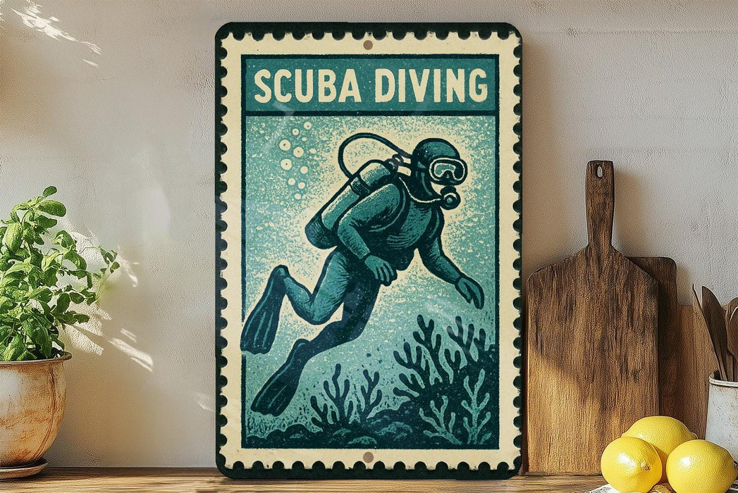 A vintage-style metal sign with a scuba diver illustration, placed on a wooden shelf next to a potted plant and a wooden cutting board.