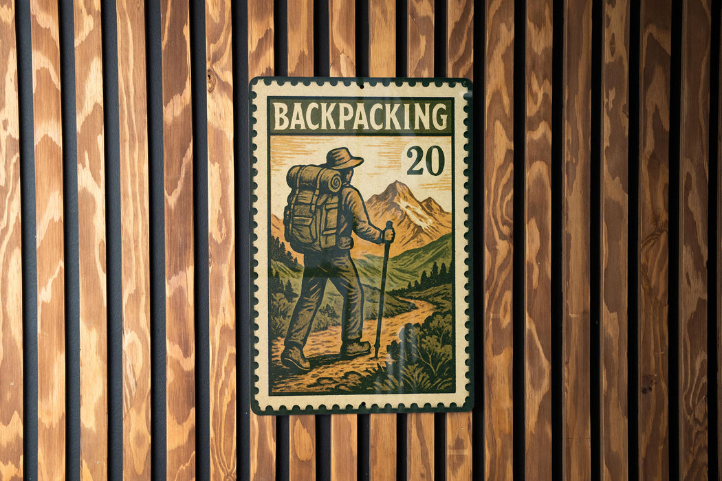 A postage stamp-like design featuring a hiker with a backpack, set against a mountain landscape.