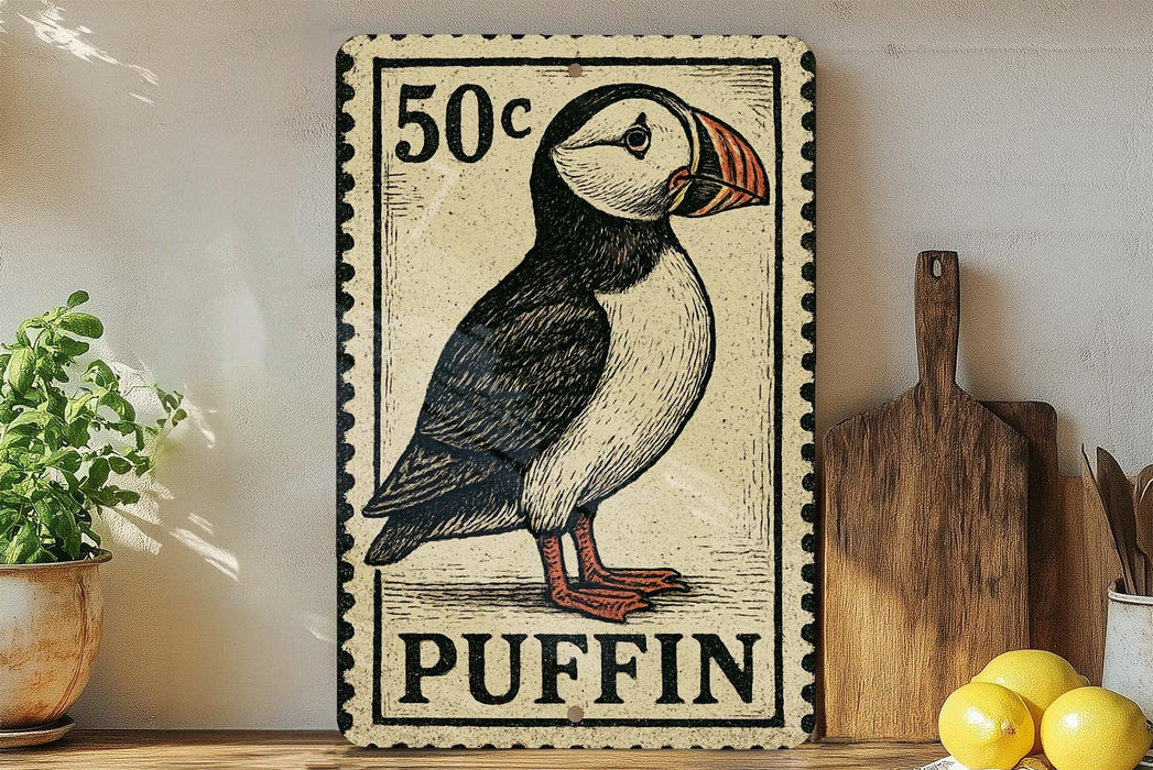A vintage-style metal sign featuring a puffin, with a postage stamp price of 50 cents, is displayed on a wooden surface next to a wooden cutting board and some lemons.