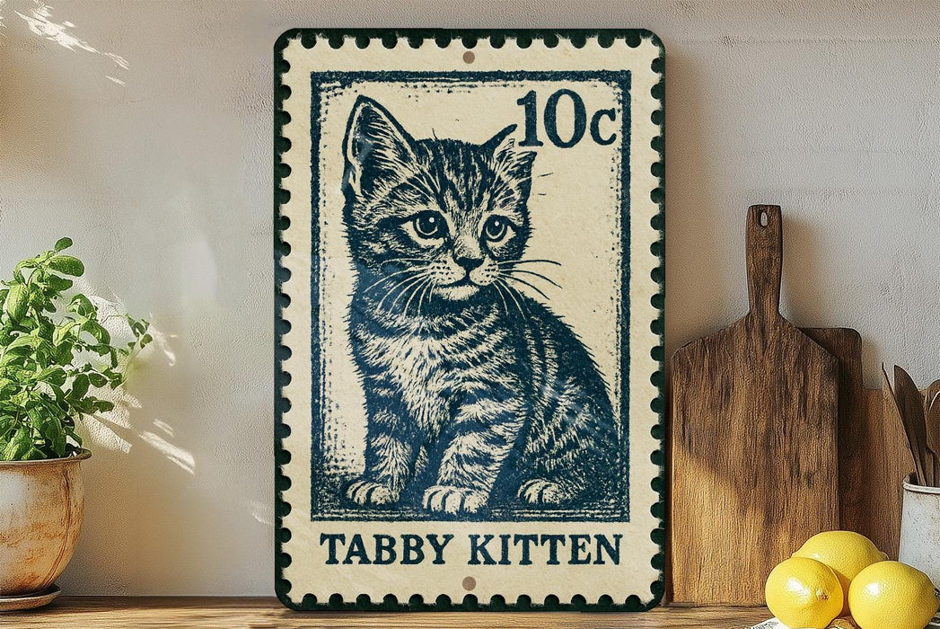A metal sign featuring a kitten illustration, with the text "Tabby Kitten" below the image.