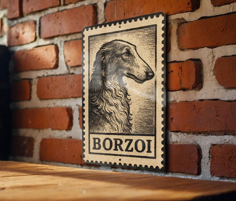 A black and white illustration of a dog's head is mounted on a brick wall, with the word "BORZOI" written below it.