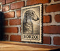 A black and white illustration of a dog's head is mounted on a brick wall, with the word "BORZOI" written below it.