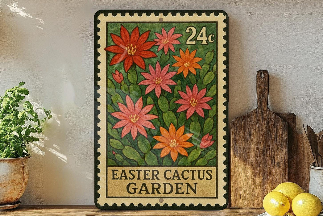 A metal sign with a floral design hangs on a wall, surrounded by potted plants and kitchen utensils.