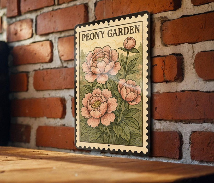 A vintage-style metal sign with a floral illustration of peonies mounted on a brick wall.