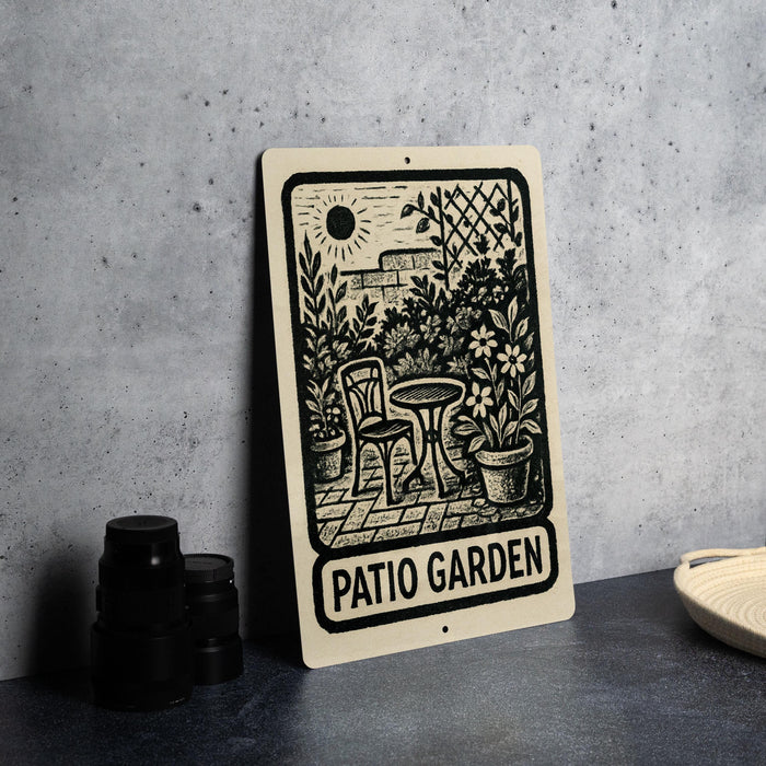 A sign that reads "PATIO GARDEN" is displayed on a table, surrounded by various items such as a stack of black camera lenses and a woven basket.