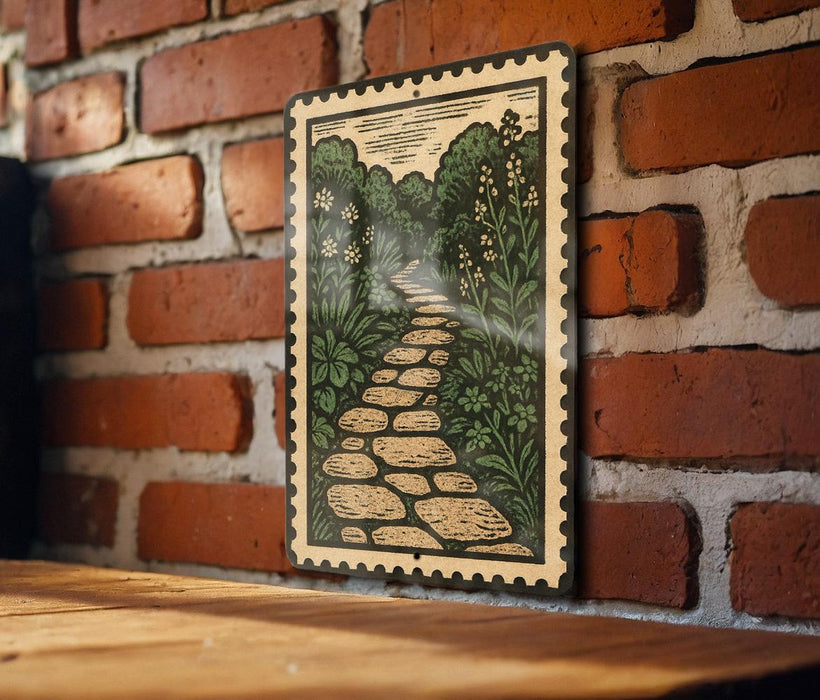 A framed illustration of a stone path leading through a lush, green landscape is displayed on a brick wall.