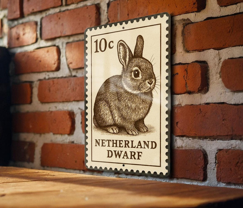 A metal sign featuring a rabbit illustration and the text "Netherland dwarf" is mounted on a brick wall.