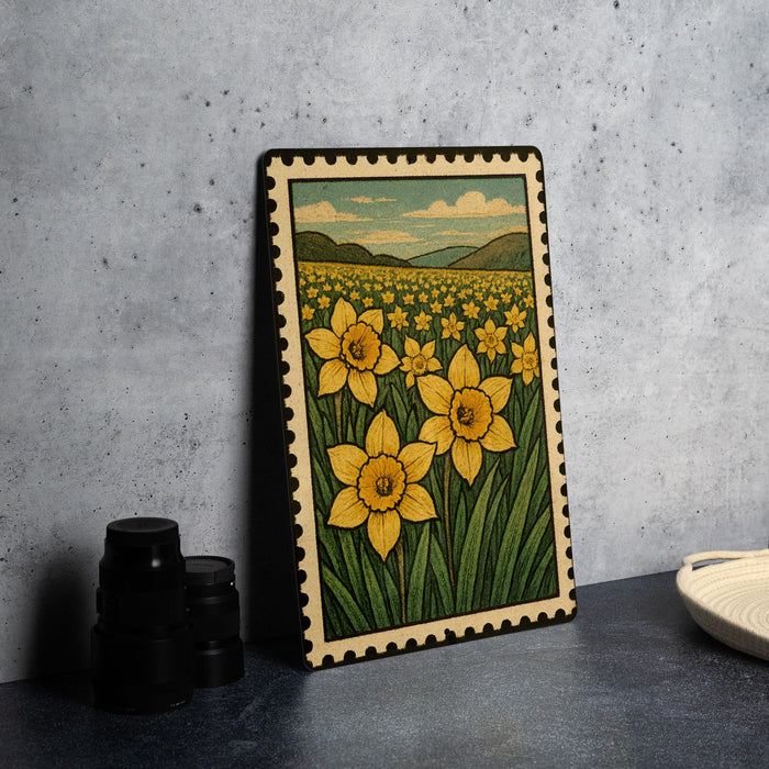 A framed illustration of a field of yellow daffodils is displayed on a gray wall, with a white plate and black camera lenses visible to the side.