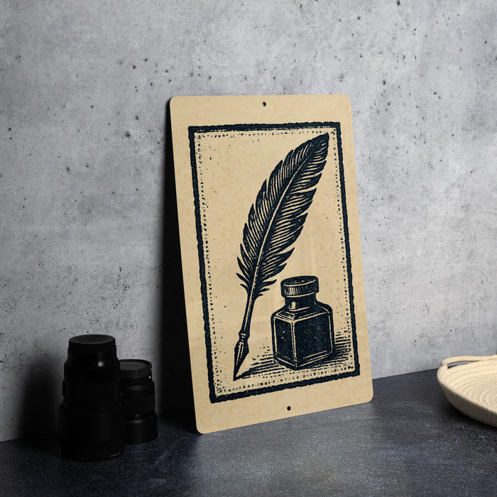 a wooden sign with a black and white illustration of a quill pen and inkwell, placed on a gray surface next to some black camera lenses.