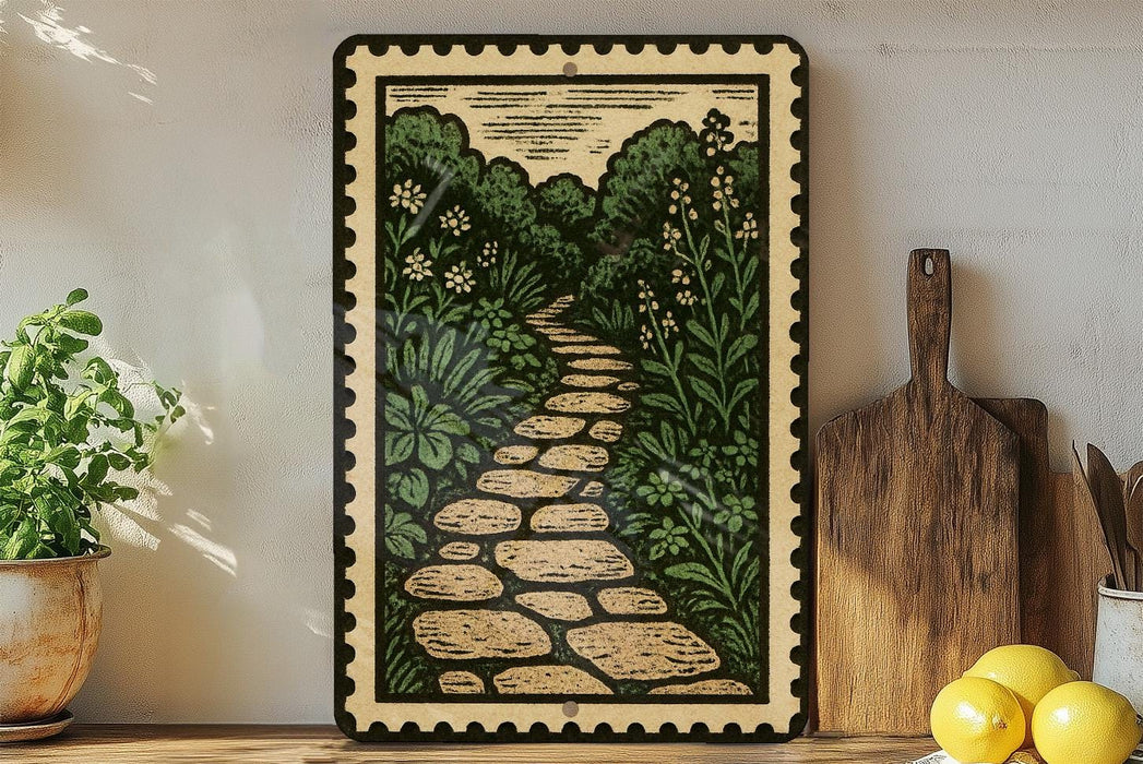 a decorative metal frame with a stone pathway leading through a lush, green garden scene.