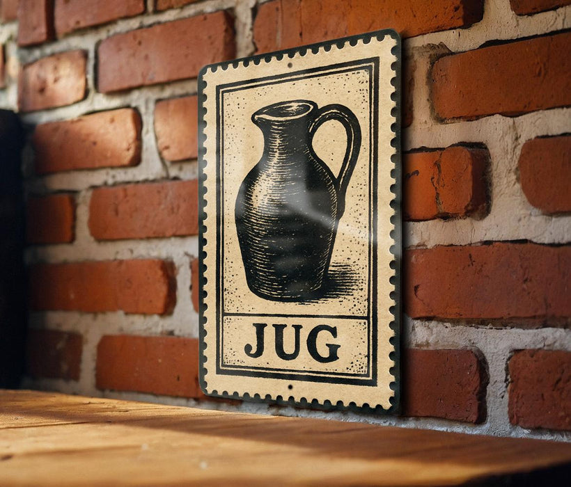 A metal sign with a black and white illustration of a jug is mounted on a brick wall.