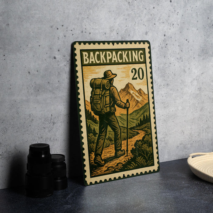 A metal stamp-like object with a backpacker illustration and the number 20 on it, placed on a gray surface next to some black camera lenses.