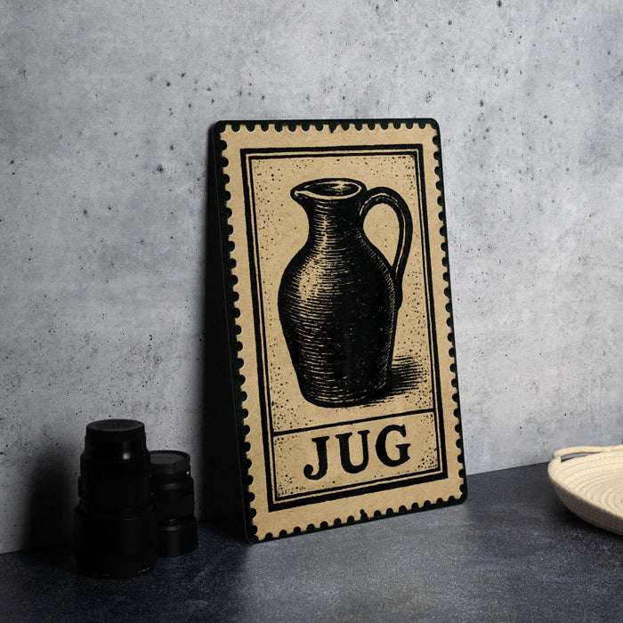 a black and white illustration of a jug on a beige background, with the word "JUG" written below it.