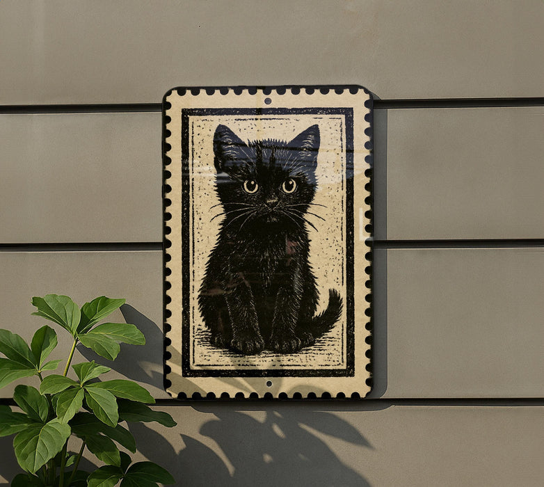 a black cat sitting on a surface, with a decorative border around it.