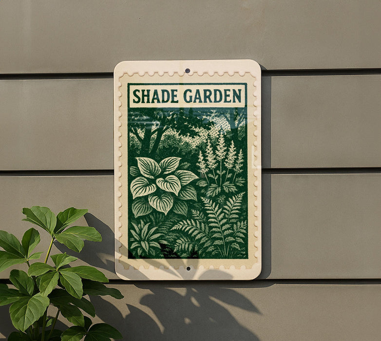 a sign for a " Shade Garden" with a green and white design depicting various plants and foliage.