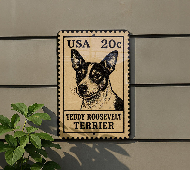 A postage stamp featuring a portrait of Teddy Roosevelt Terrier, with the text "USA 20c" and "Teddy Roosevelt Terrier" printed on it.