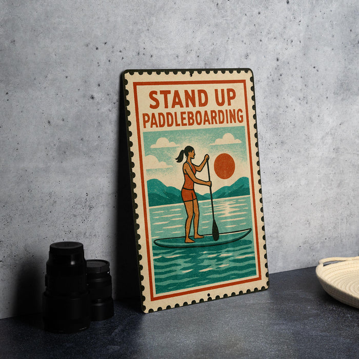 A vintage-style metal sign with a woman paddleboarding on a lake, accompanied by the text "STAND UP PADDLING".