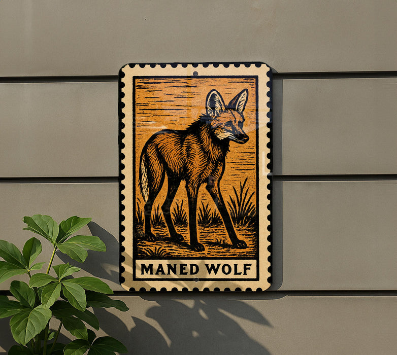 a framed illustration of a maned wolf on a wall, with a plant to the left of the frame.