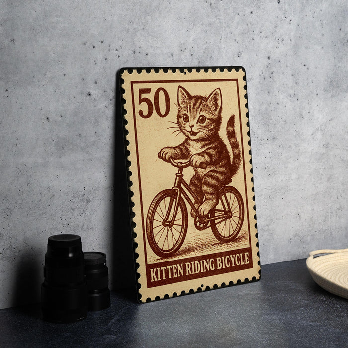 A metal sign featuring a kitten riding a bicycle, with the number 50 on it.