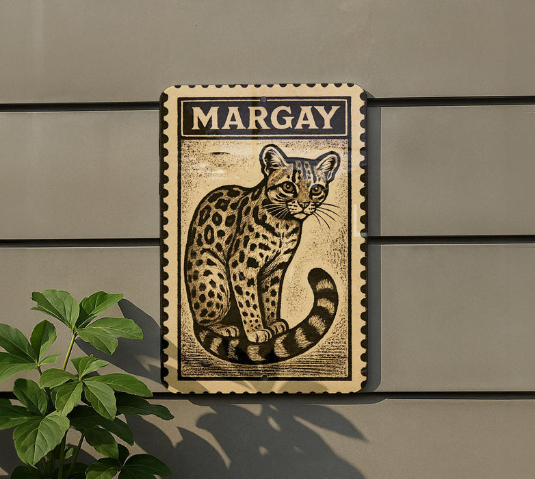 a framed illustration of a leopard cat, with the name "MARGAY" written above it.