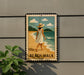 A vintage-style metal sign with a woman in a white dress walking on a beach, with the text "BEACH WALK" below the image.