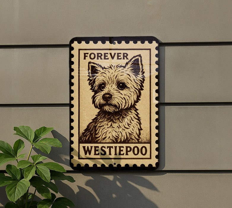 A Westiepoo dog poster is displayed on a wall, featuring a close-up of the dog's face.