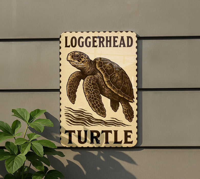 A sign featuring a turtle illustration, mounted on a wall next to a plant.