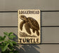 A sign featuring a turtle illustration, mounted on a wall next to a plant.