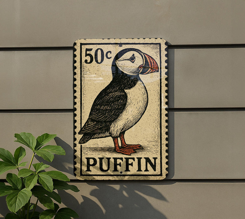 A postage stamp featuring a puffin bird, with the text "50c Puffin" printed on it.