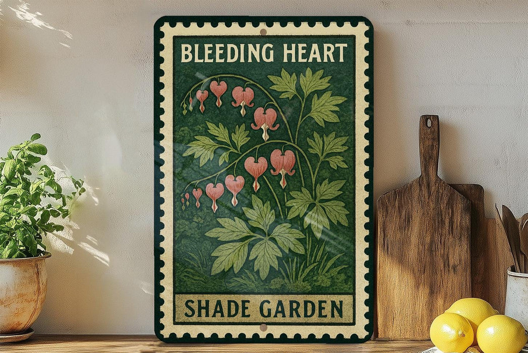 A vintage-style metal sign with a floral design and the text "BLEDING HEART SHADE GARDEN" is displayed on a shelf next to a wooden cutting board and a potted plant.