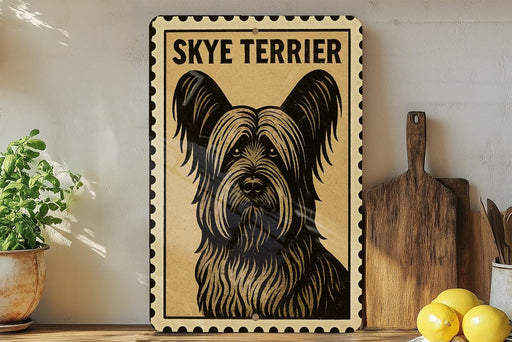 A framed poster of a Skye Terrier dog is displayed on a shelf, accompanied by a wooden cutting board, a potted plant, and some lemons.