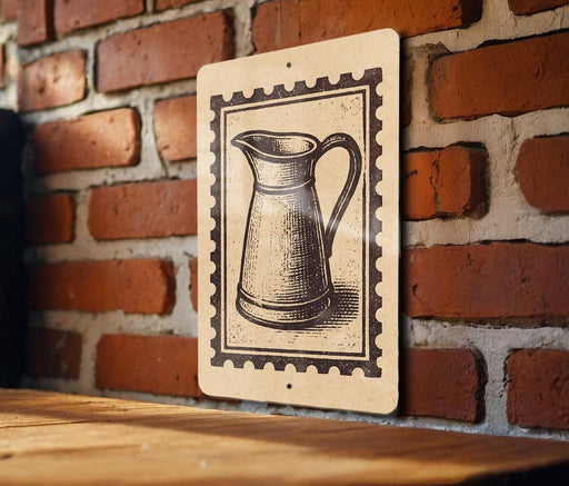 a wooden table with a decorative sign featuring a vintage-style illustration of a pitcher or vase on a brick wall.
