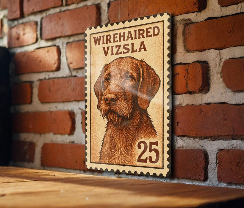 A wooden frame with a printed image of a wirehaired vizla dog, which appears to be a 25-cent stamp or postcard.