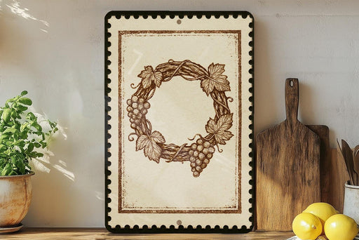 a decorative wreath with grapes and leaves on a wall, accompanied by a wooden cutting board, a potted plant, and some lemons.