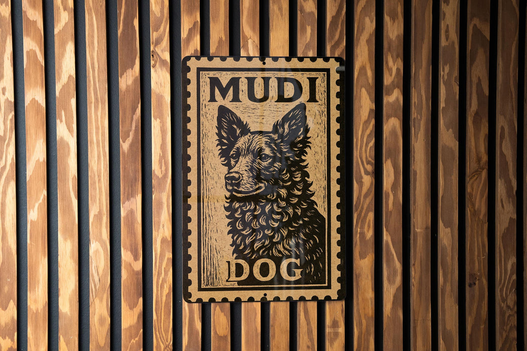 A metal sign with a dog's face on it, mounted on a wooden wall.