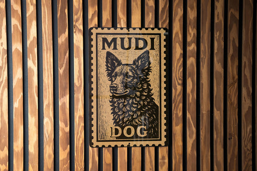 A metal sign with a dog's face on it, mounted on a wooden wall.