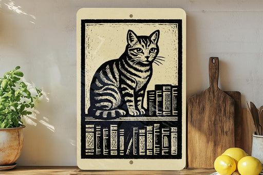 A framed image of a striped cat sitting on a bookshelf, surrounded by books, is displayed on a shelf next to a wooden cutting board and a potted plant.