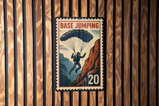 A vintage-style metal sign with a parachute illustration and the number 20, mounted on a wooden wall.