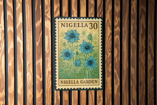 A metal sign with a floral design is mounted on a wooden wall.