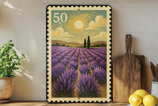 A framed stamp-like artwork depicting a field of lavender flowers with a sun and clouds in the background, placed on a shelf next to a wooden cutting board and a potted plant.