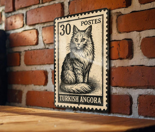A Turkish postage stamp featuring a cat is displayed on a brick wall.