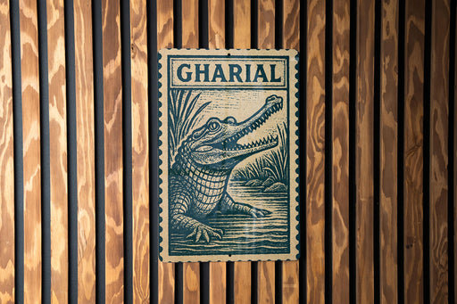 a large, detailed illustration of a crocodile, which appears to be a postage stamp or a sign with the word "GHARIAL" prominently displayed.